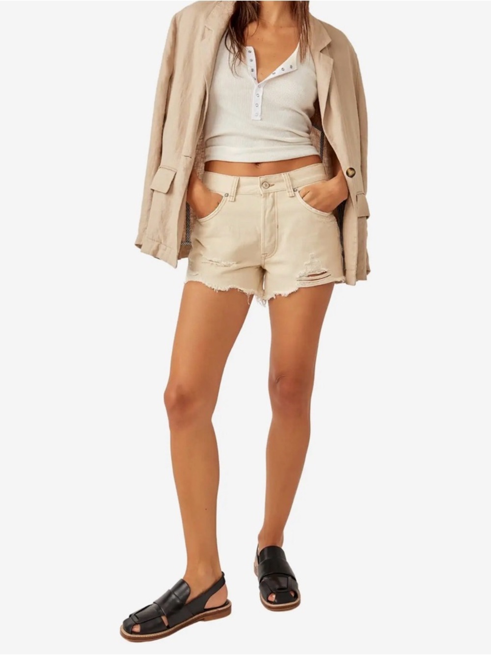 We The Free Beige Distressed High-Rise Jean Shorts